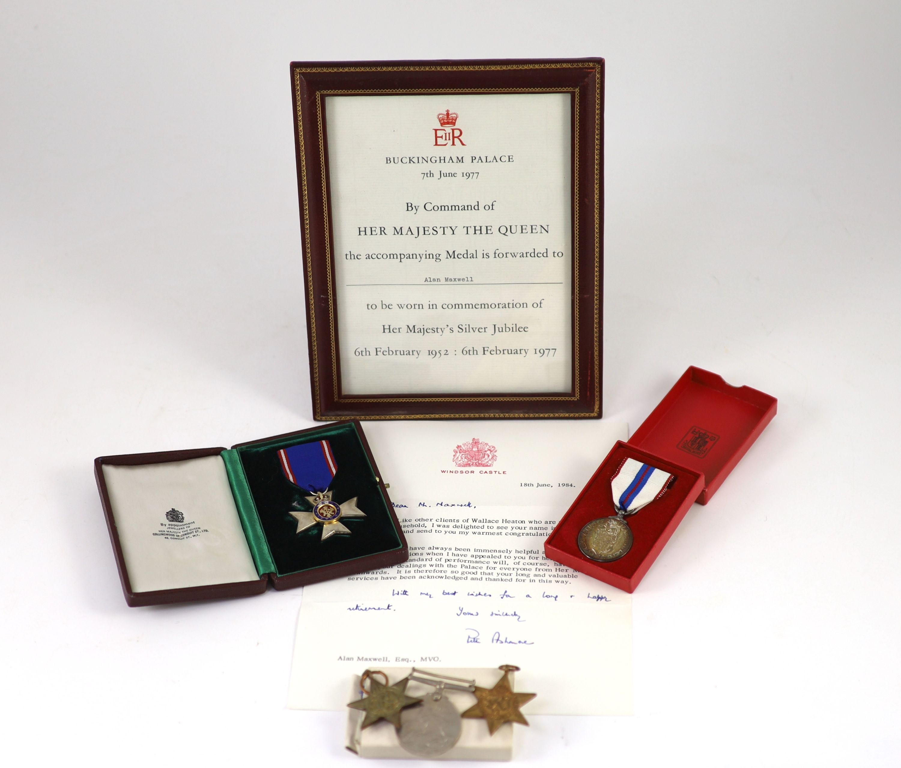 A group medals awarded to Alan Maxwell, including, the Royal Victorian Order, 5th Class, cased, the Queen Elizabeth II Silver Jubilee Medal, cased, together with a framed citation, and three WW2 General Service Medals an